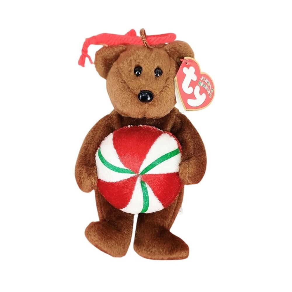 Ty Jingle Beanies Yummy Brown Bear Peppermint Candy Christmas Ornament Plush Tag
